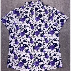 IBKUL Womens Xenia Print Mock Short Sleeve 1/4 Zip Pullover Navy Purple Sz Large